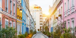 Rue Cremieux multicolored street during sunrise without people in Paris, France