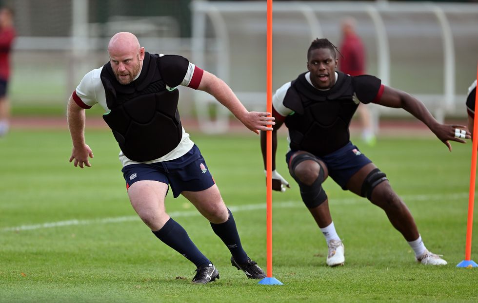 le touquet paris plage, france october 03 dan cole and maro itoje of england sprint during a training session at stade ferdinand petit on october 03, 2023 in le touquet paris plage, france photo by dan mullangetty images