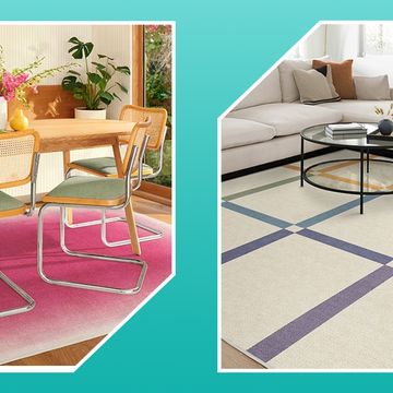 pink rug under dining table, rainbow grid rug in living room