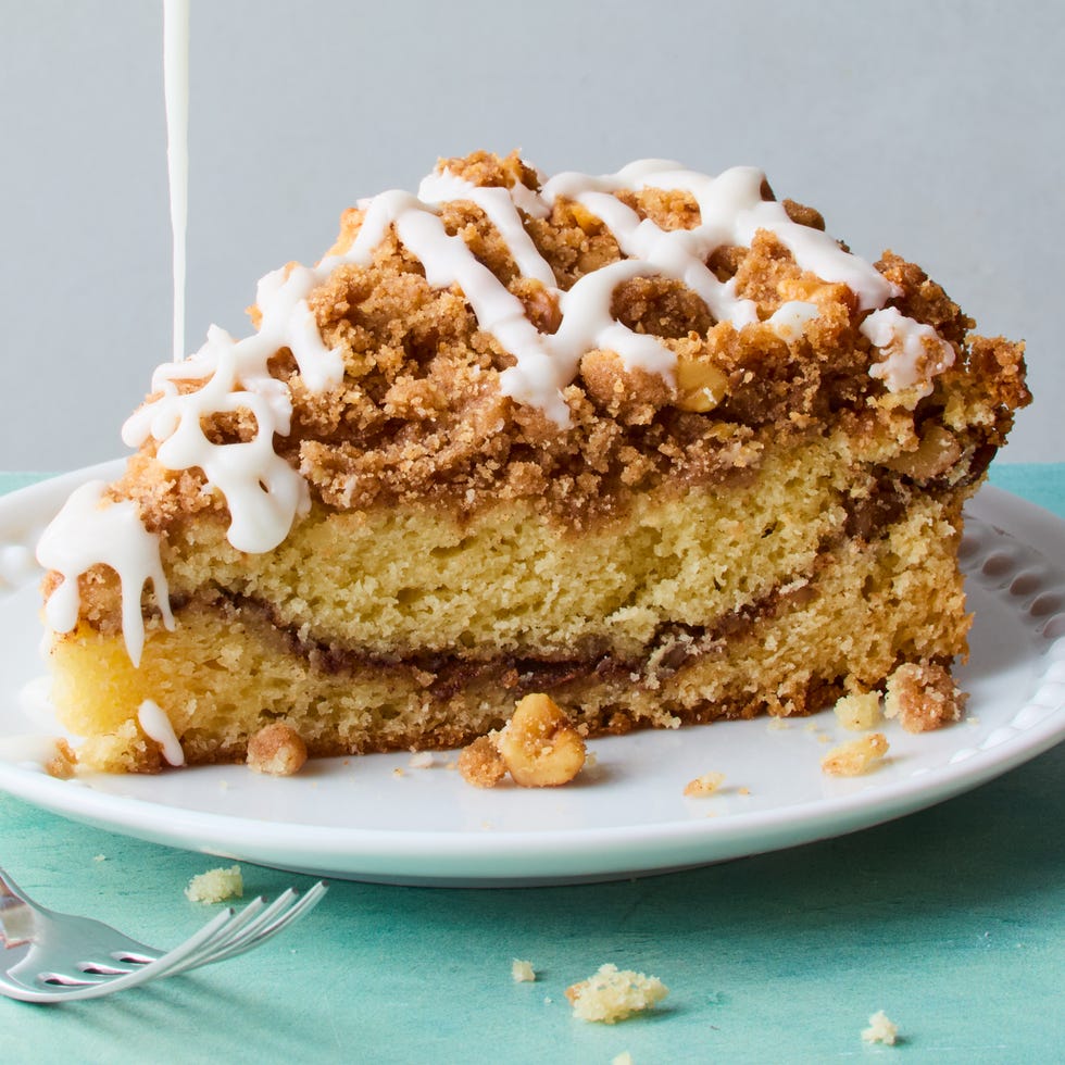 rum crumb cake drizzled with icing