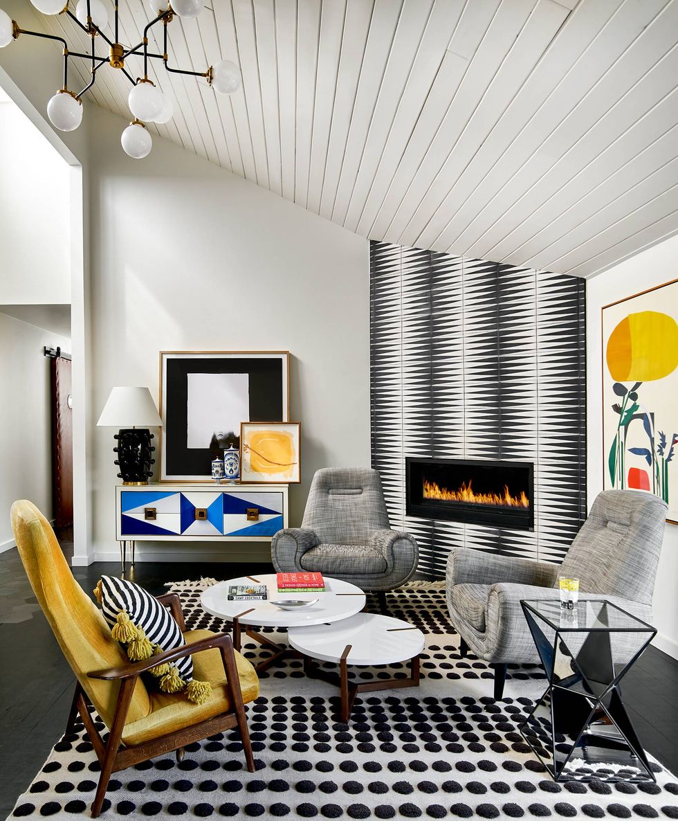 living room with graphic rug