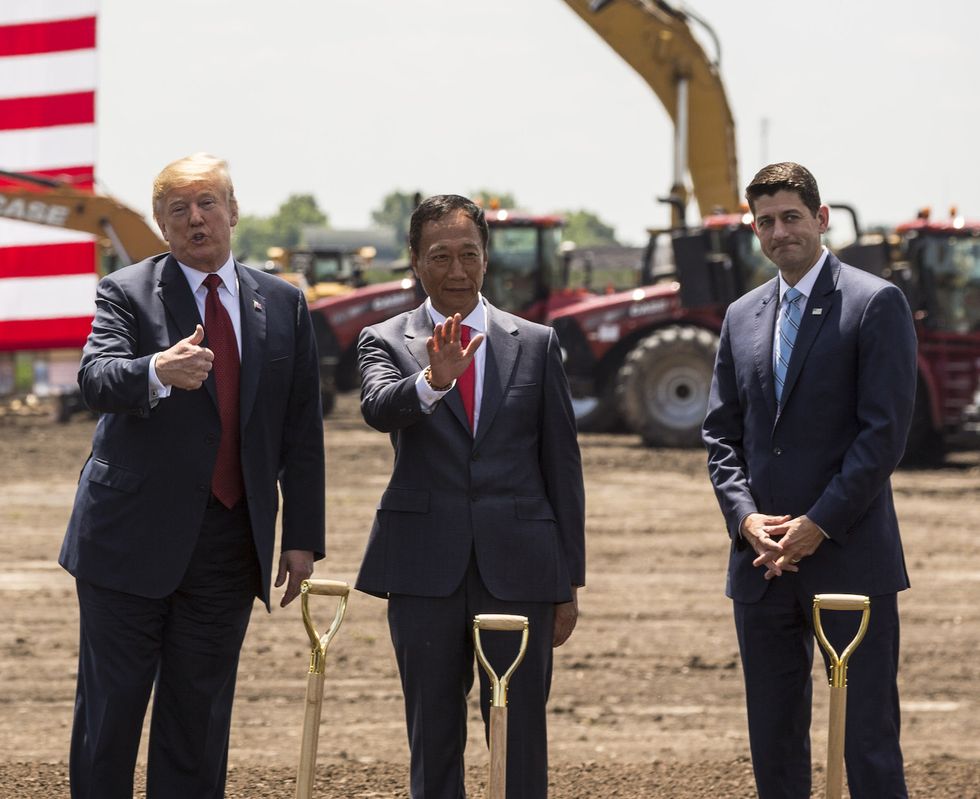 mt pleasant, wi   june 28  us president donald trump l speaks  as foxconn ceo terry gou c and us house speaker paul ryan r wi watch at the groundbreaking for the foxconn technology group computer screen plant on june 28, 2018 in mt pleasant, wisconsin foxconn has committed to build a 10 billion plant in what it has named the wisconn valley science and technology park, and to creating 13,000 wisconsin jobs photo by andy manisgetty images