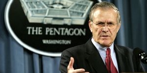 arlington   january 11 defense secretary donald rumsfeld gestures during a joint press conference with russia's minister of defense at the pentagon january 11, 2005 in arlington, virginia photo by shaun heasleygetty images