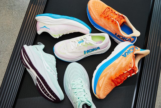 hoka and saucony shoes on treadmill belt