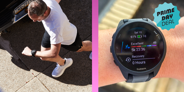 a man running and looking at his garmin watch; a garmin watch on a wrist
