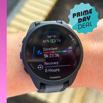 garmin watch prime day deals 2025 a man running and looking at his garmin watch; a garmin watch on a wrist