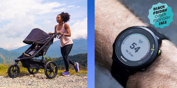 a woman jogging with a child in a stroller alongside a smartwatch display