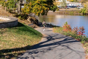 a person jogging along a path by a body of water surrounded by trees