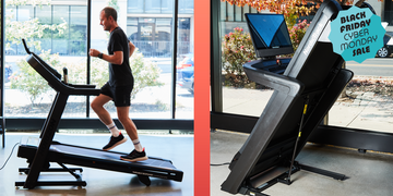 treadmill shown in a gym setting with a running person and promotional banner