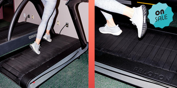 side by side images of someone running on a peloton tread treadmill