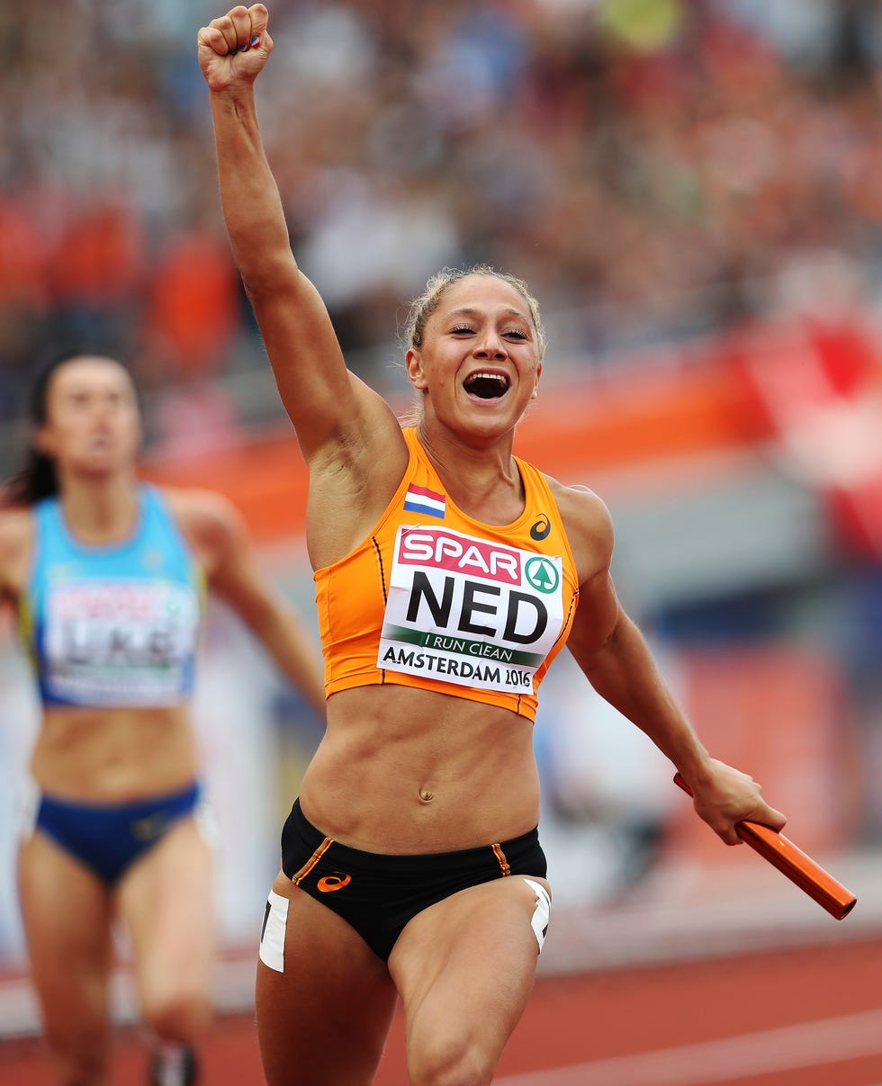 amsterdam, netherlands   july 10  naomi sedney of the netherlands celebrates after winning gold in the final of the womens 4x100m relay during day five of the european athletics championships at olympic stadium on july 10, 2016 in amsterdam, netherlands photo by ian macnicolgetty images