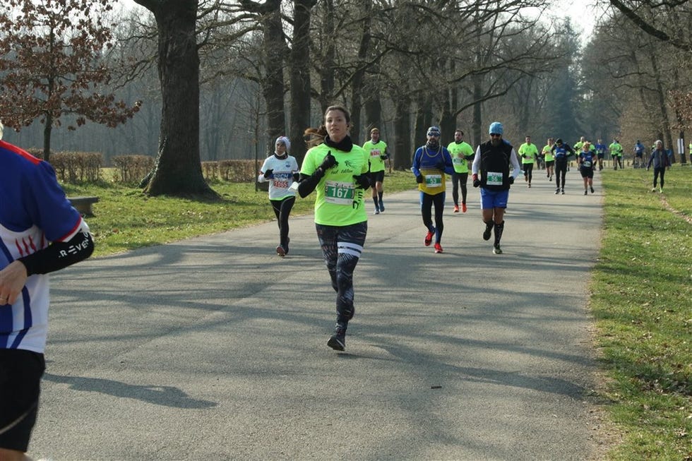 group of runners participating in a race on a park pathway