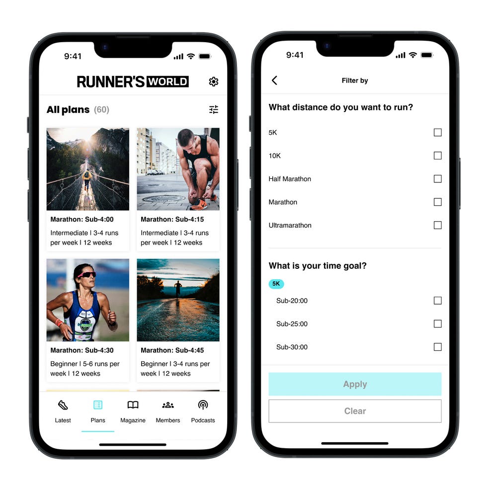 running plan options for various race distances and time goals displayed on a mobile app