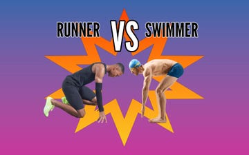 comparison between a runner and a swimmer with explosive energy backdrop