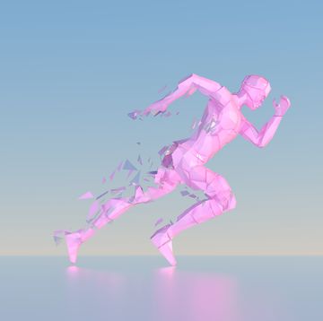 roze hardlopende figuur met blauwe achtergrond
