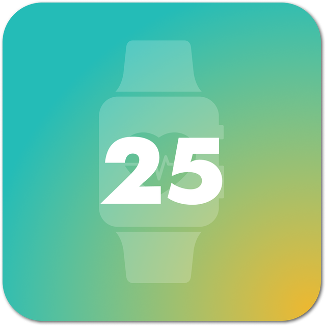 icon representing a smartwatch with a heart and number indicator and the number 25