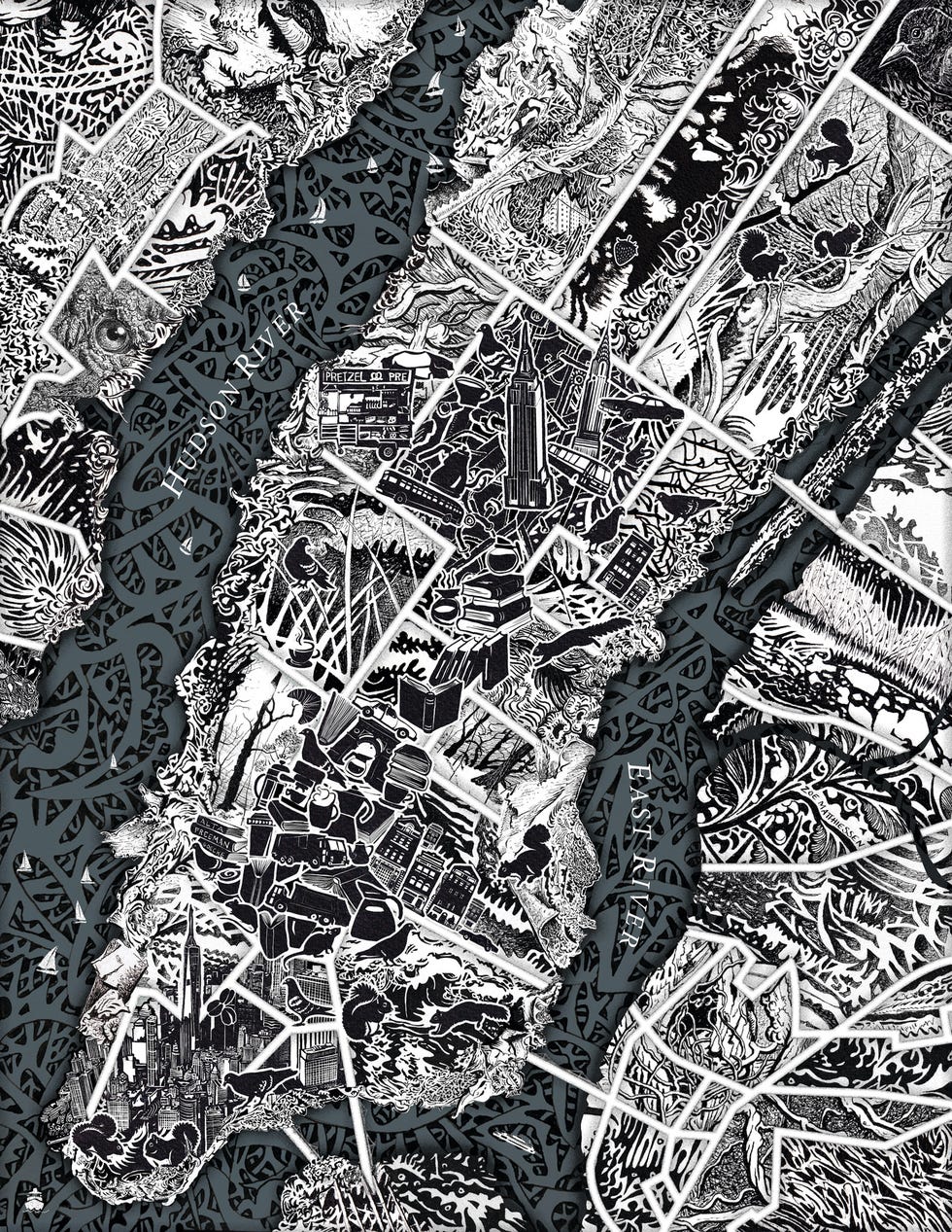 running, map, new york city, illustration