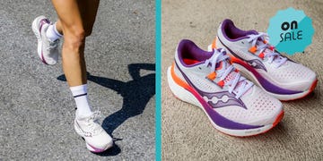 running shoes featuring a white and purple color scheme with a sale promotion