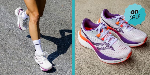 running shoes featuring a white and purple color scheme with a sale promotion