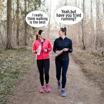 Running versus walking: which is healthier two women walking on a path in a wood