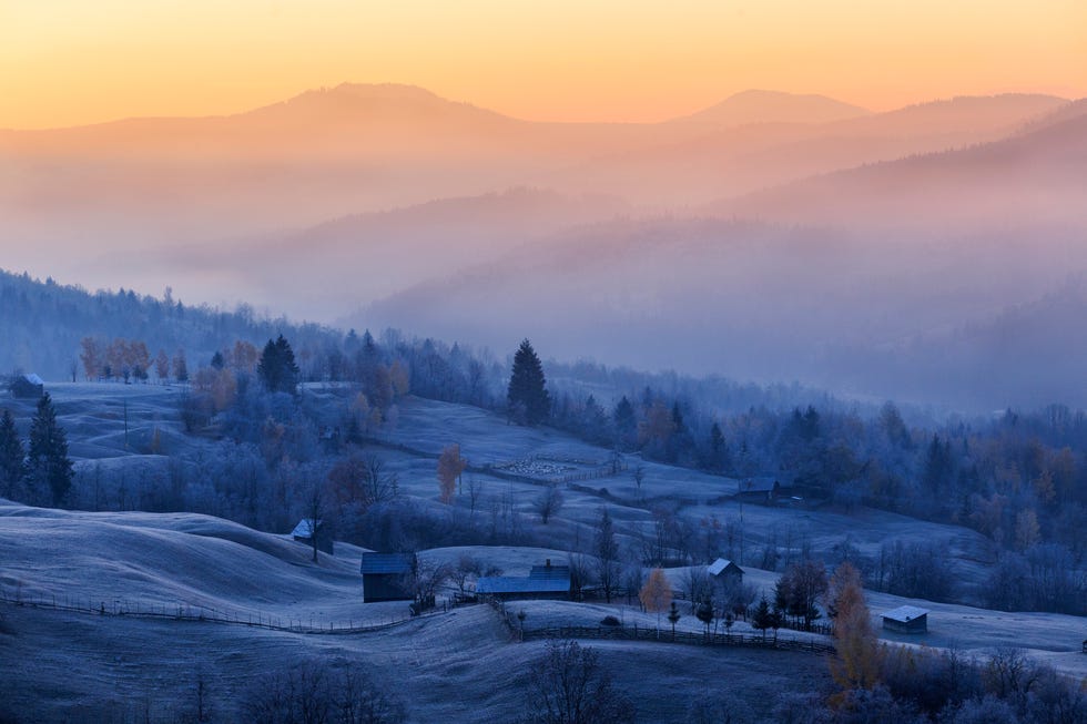 A rural screen in Bukovina at sunset.