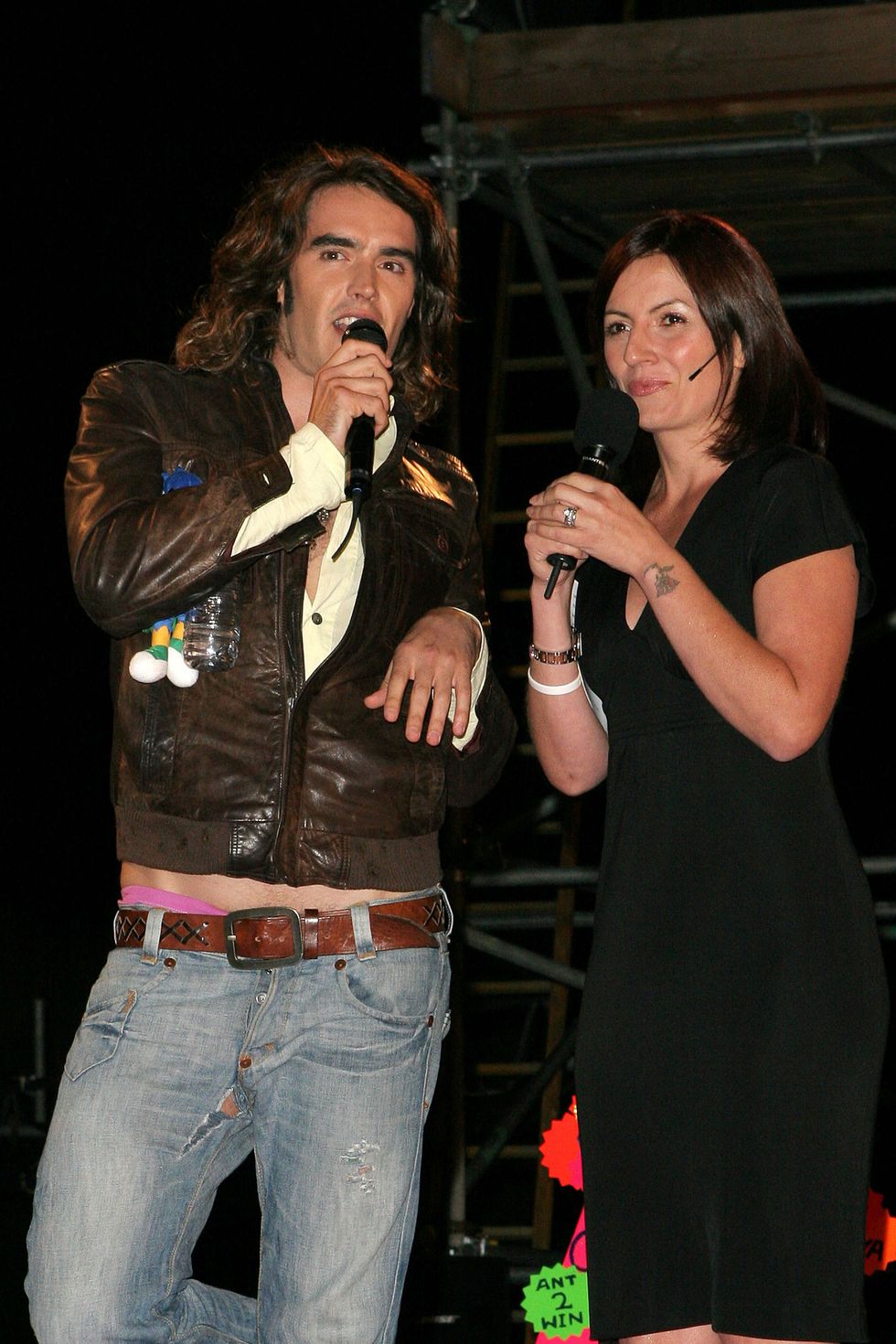 russell brand on stage with big ﻿brother host, davina mccall, at a live eviction in 2005