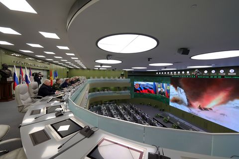 russian president vladimir putin 5l visits the national defence control centre to oversee the test launch of the avangard hypersonic missile, moscow, december 26, 2018   russian defence minister sergei shoigu told president vladimir putin on december 27, 2019 that the countrys first avangard hypersonic missiles have been put into service, an official statement said photo by mikhail klimentyev  sputnik  afp photo by mikhail klimentyevsputnikafp via getty images