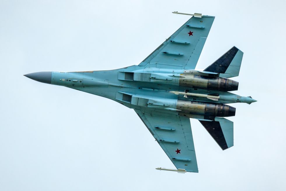russian air force plane sukhoi su 35 flies in sky, russia