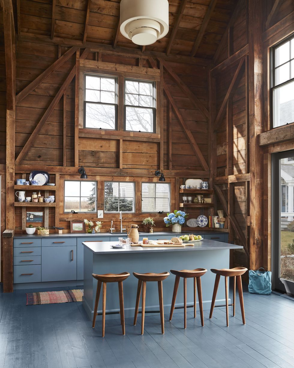 blue and brown rustic kitchen