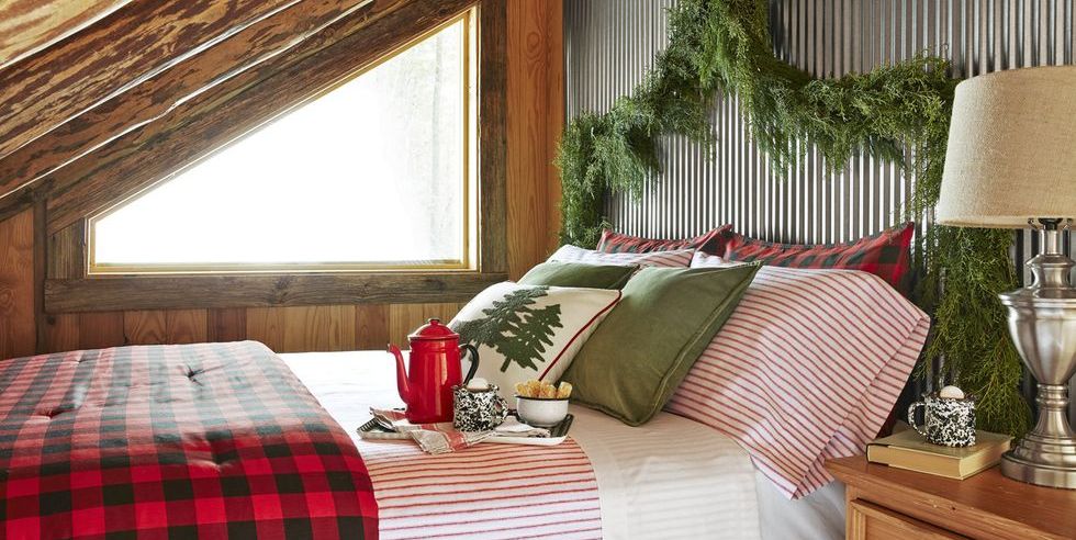rustic cabin bedroom decorated for christmas