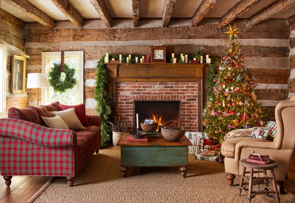 christmas tree in log cabin