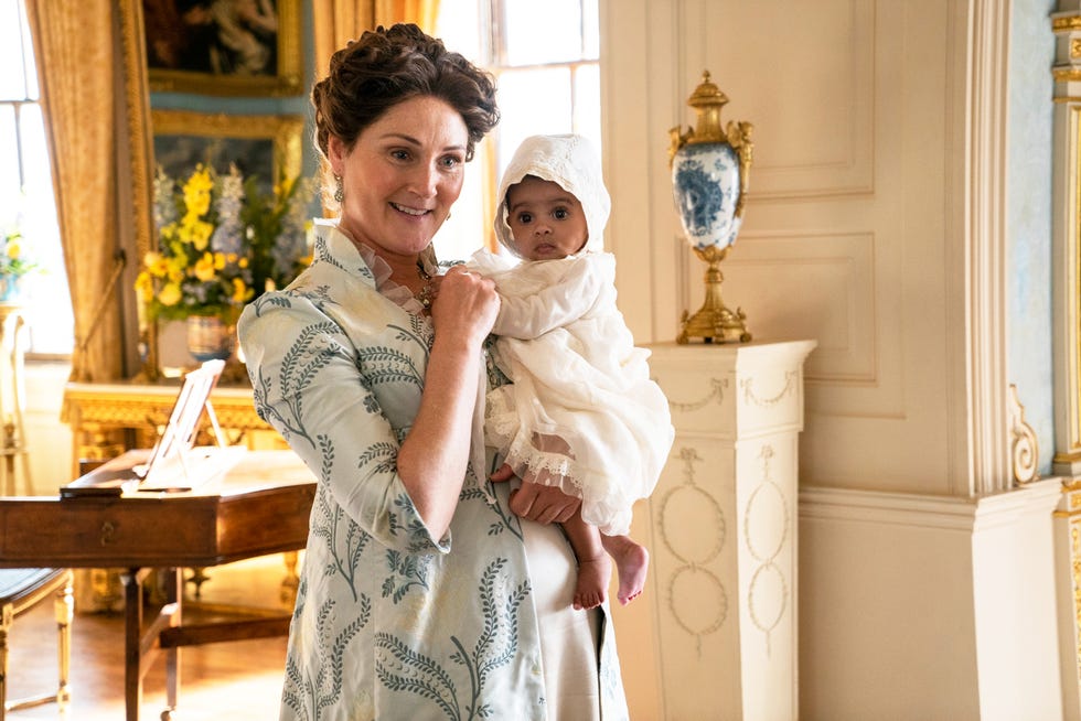ruth gemmell as lady violet bridgerton, ava gittensroberts as baby augie, bridgerton season 2