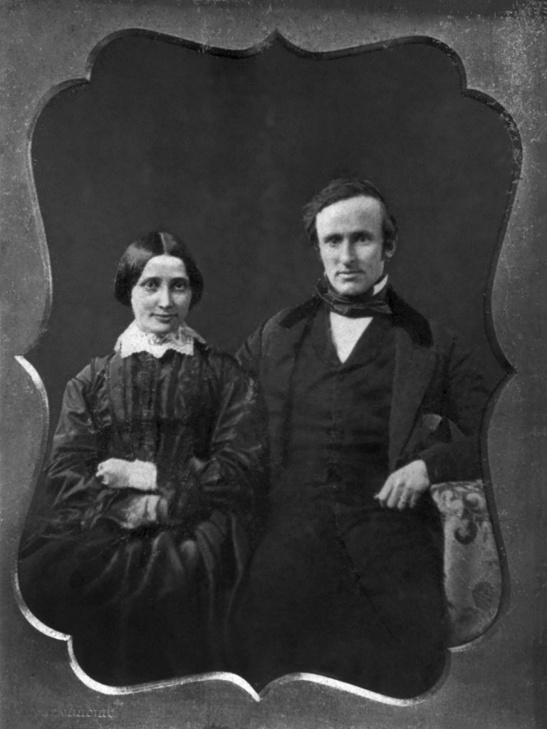 rutherford b hayes, 1822 93, 19th president of the united states 1877 81, and his wife lucy webb hayes, 1831 89, on their wedding day, three quarter length portrait, daguerreotype, december 30, 1852