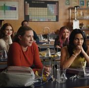 riverdale    “chapter seventy nine graduation”    image number rvd503a0298r    pictured l r lili reinhart as betty cooper, camila mendes as veronica lodge, madelaine patsch as cheryl blossom, vanessa morgan as toni topaz, and jordan connor as sweet pea    photo the cw    © 2021 the cw network, llc all rights reserved