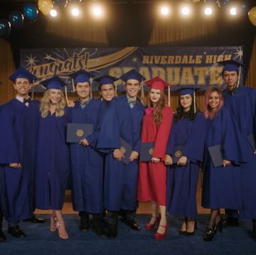 riverdale    “chapter seventy nine graduation”    image number rvd503fg0071r    pictured l r drew ray tanner as fangs fogarty, casey cott as kevin keller, lili reinhart as betty cooper, cole sprouse as jughead jones, charles melton as reggie mantle, kj apa as archie andrews, madelaine patsch as cheryl blossom, camila mendes as veronica lodge, vanessa morgan as toni topaz and jordan connor as sweet pea    photo the cw    © 2021 the cw network, llc all rights reserved