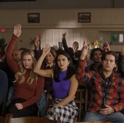riverdale    “chapter eighty one the homecoming”    image number rvd505fg0041r    pictured l r kj apa as archie andrews, lili reinhart as betty cooper, camila mendes as veronica lodge, cole sprouse as jughead jones, vanessa morgan as toni topaz, marion eisman as doris bell, peter bryant as mr weatherbee, drew ray tanner as fangs fogarty and jordan connor as sweet pea    photo the cw    © 2020 the cw network, llc all rights reserved