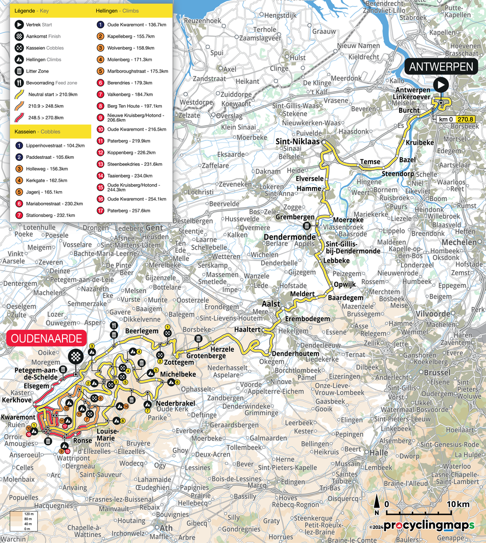 course map of the 2024 mens tour of flanders