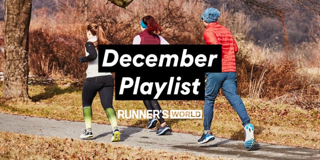 three runners jogging outdoors on a path surrounded by tree, december playlist runner's world