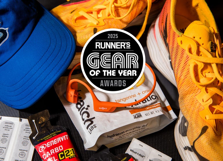 collection of running gear including shoes a cap and hydration products with a title overlay for 2025 runners gear of the year awards