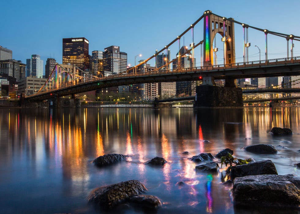 Reflection, Bridge, Water, Cityscape, Sky, Metropolitan area, City, Urban area, River, Landmark, 