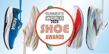 best running shoes: runner's world 2025 shoe awards on a background of five different running shoes