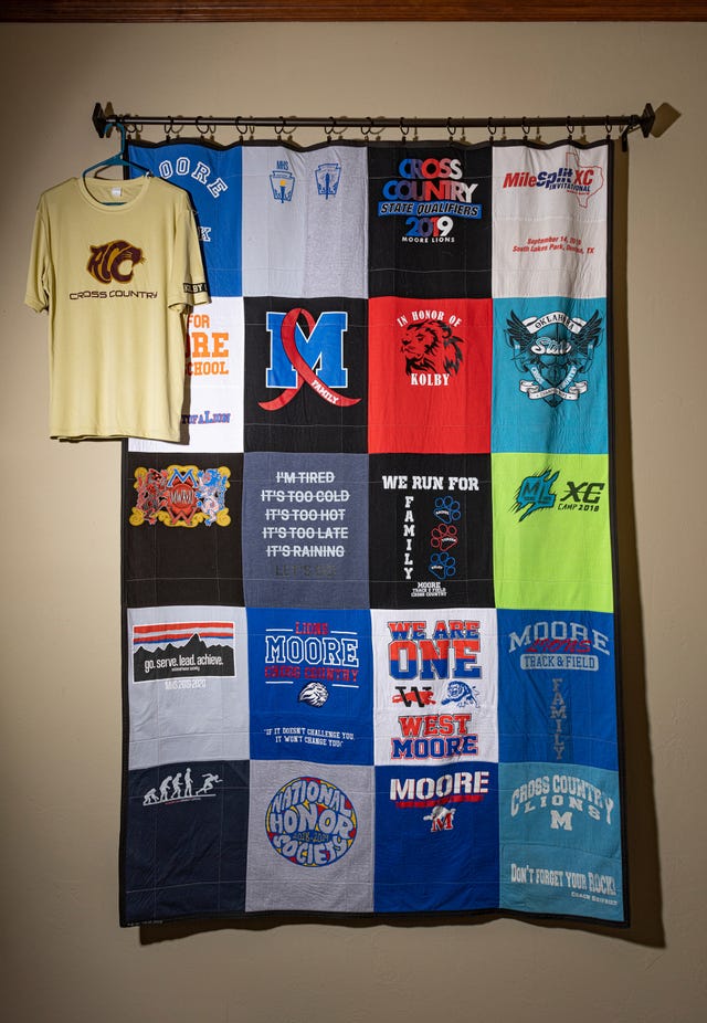 a quilt made by a woman to honor kolby's life is displayed in tansey hellbusch's home office, nov 7, 2021 in moore, oklahoma