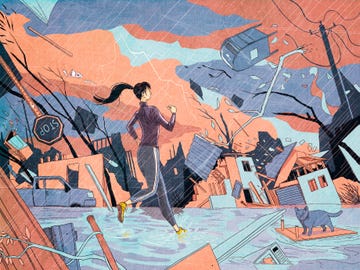 a person running through a flooded urban area amidst signs of destruction