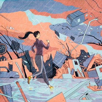 a person running through a flooded urban area amidst signs of destruction a person running through a flooded urban area amidst signs of destruction