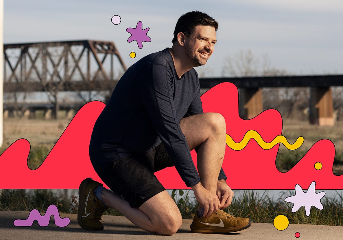 individual tying shoes with colorful abstract elements in the background
