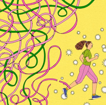 a person running on a yellow background filled with colorful abstract swirls a person running on a yellow background filled with colorful abstract swirls