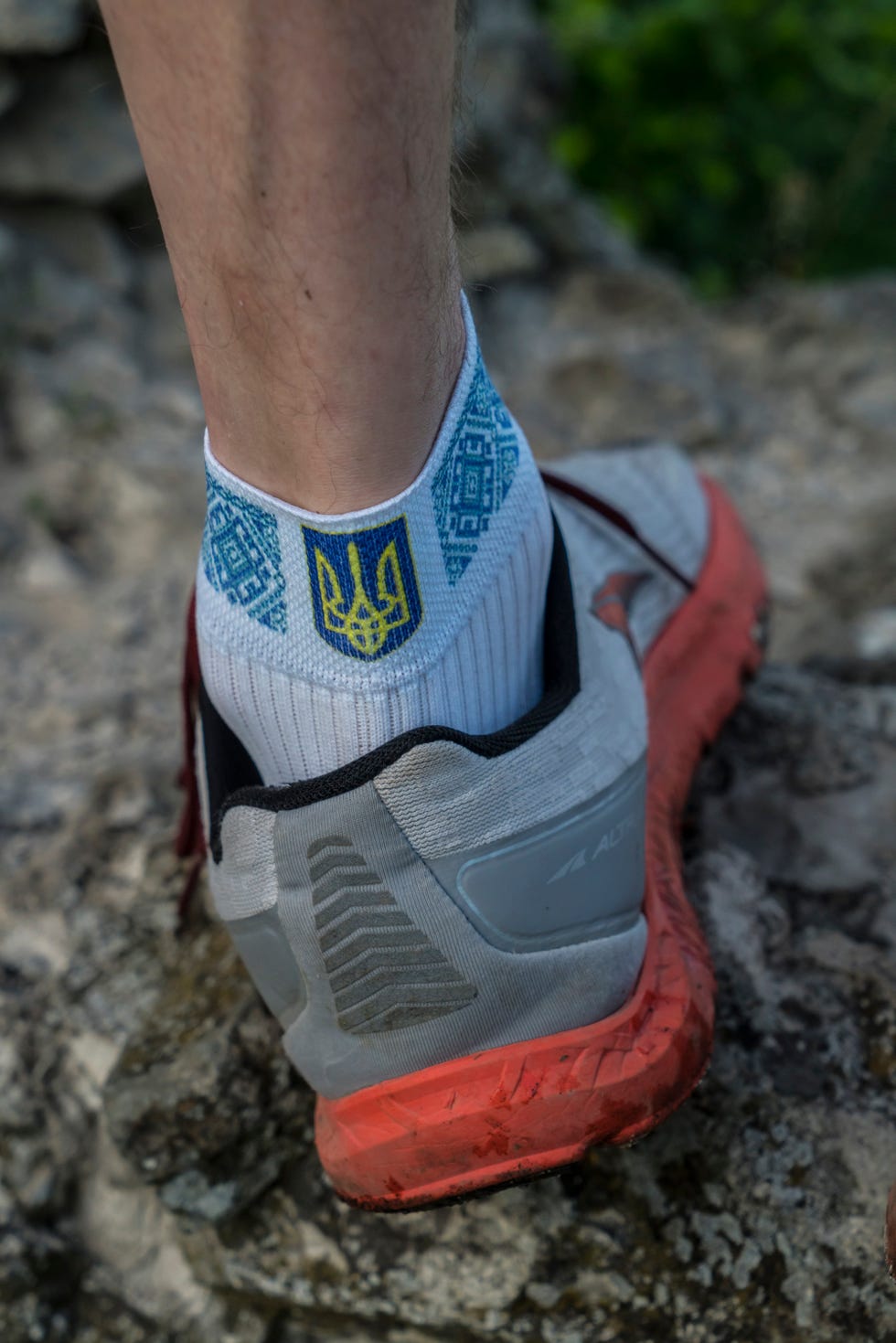 a runner's socks featuring a coat of arms and a pattern