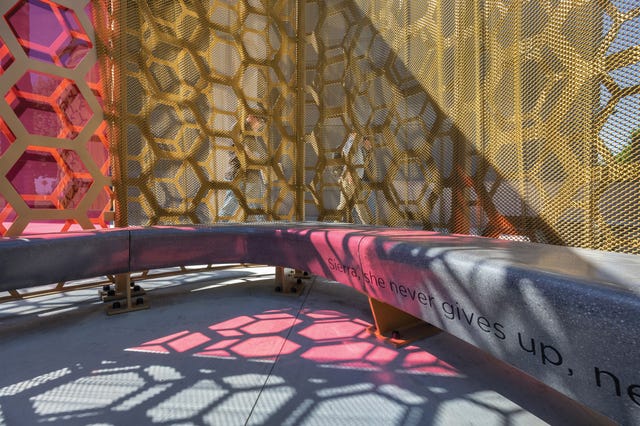 san bernardino, californiak, afternoon sun shines through one of the 14 alcoves at the curtain of courage memorial that is dedicated to the 14 san bernardino employees murdered on december 2, 2015 inscribed on the stone benches are messages from family members of the victims this one is for sierra simone sunshine clayborn, reckoning with the west, culture, monuments