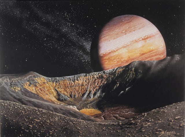 io caldera, 1983, michael carroll, iaaa, depicts the depression from a collapsed volcano on jupiters moon, ubehebe crater in death valley, reckoning with the west, culture, space, illustration