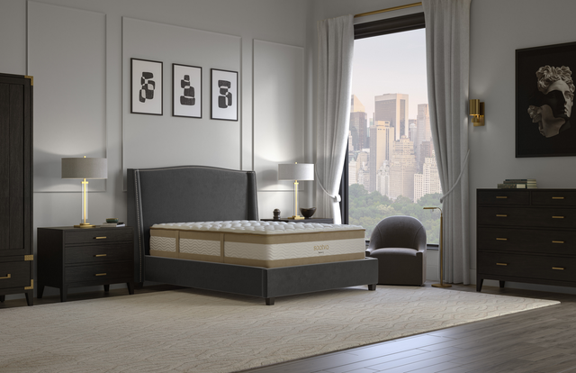 a bedroom with a large window